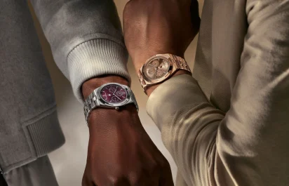 The Vacheron Constantin Overseas Ultra-Thin Perpetual Calendar in white gold with a burgundy dial and in rose gold on the wrists.