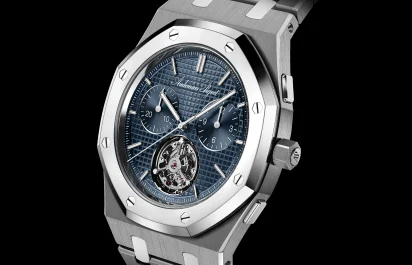 Frontal view of the Audemars Piguet Royal Oak Jumbo Flying Tourbillon Chronograph RD#5 150th Anniversary, reference 26545XT.OO.1240XT.01.