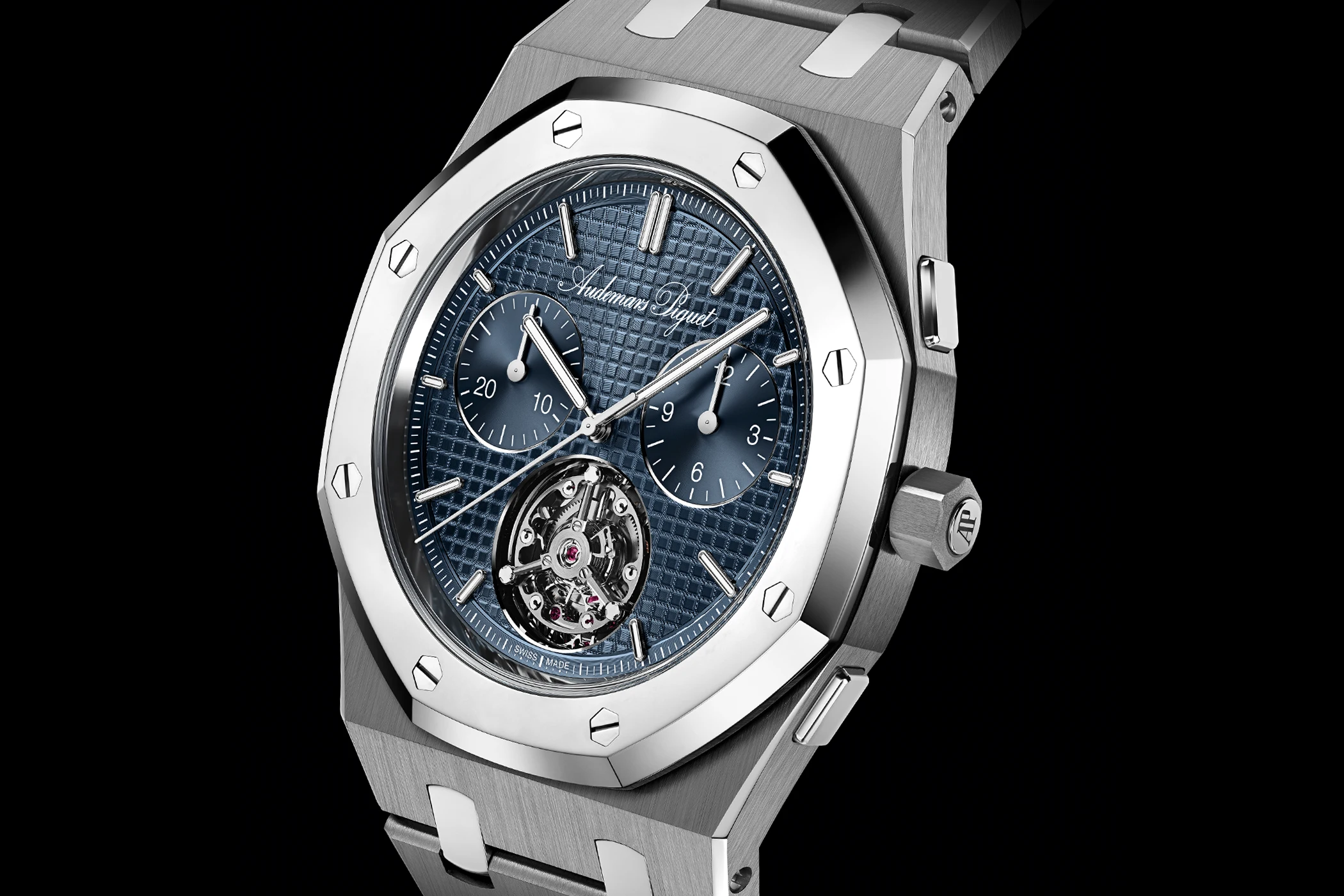 Frontal view of the Audemars Piguet Royal Oak Jumbo Flying Tourbillon Chronograph RD#5 150th Anniversary, reference 26545XT.OO.1240XT.01.