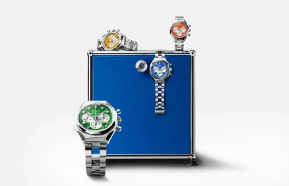 Four Defy Chronograph USM watches by Zenith on a USM furniture element