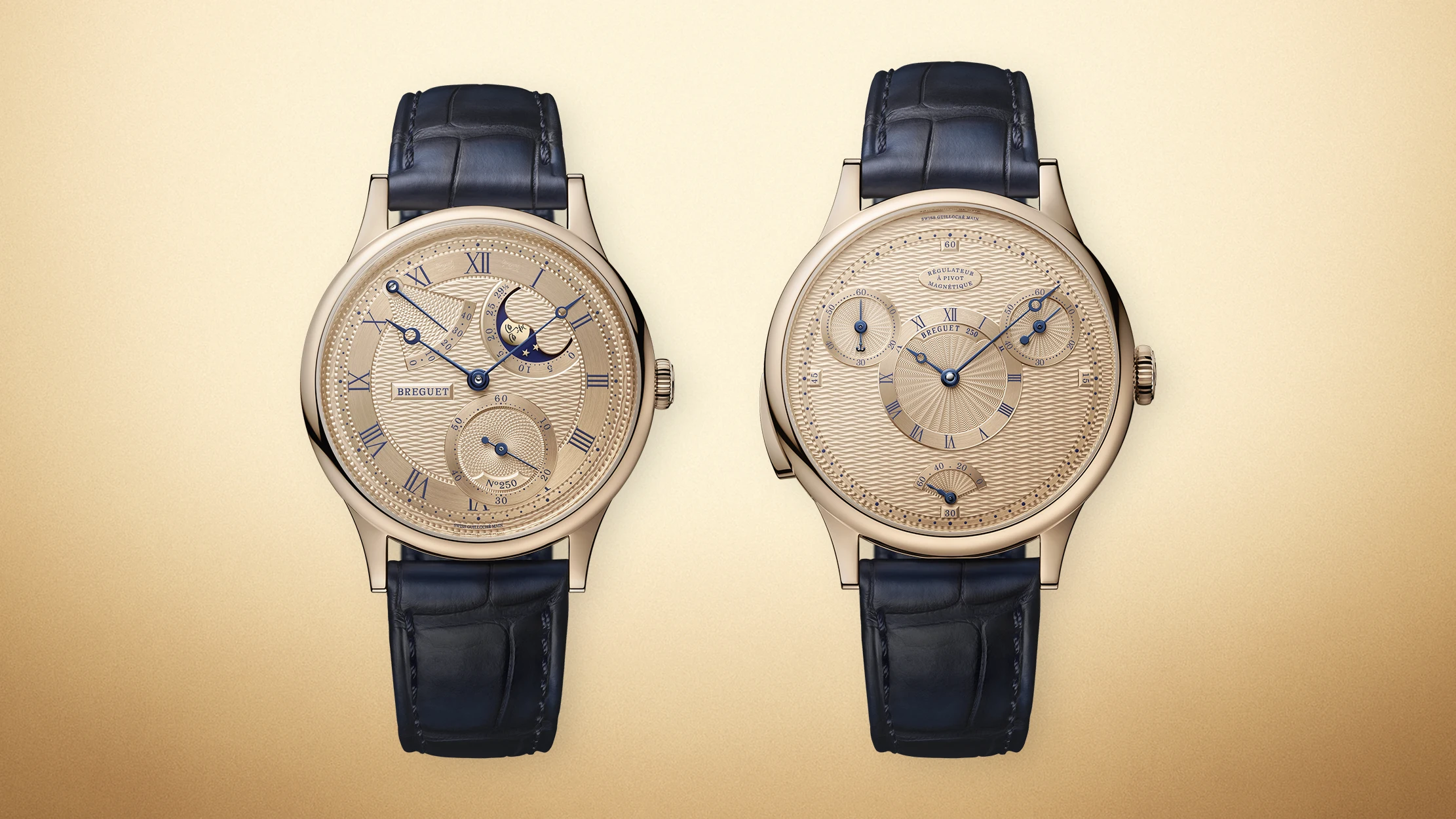 The Breguet Classique Phase de Lune 7235 and the Régulateur à Pivot Magnétique 7225 are shown from the front.