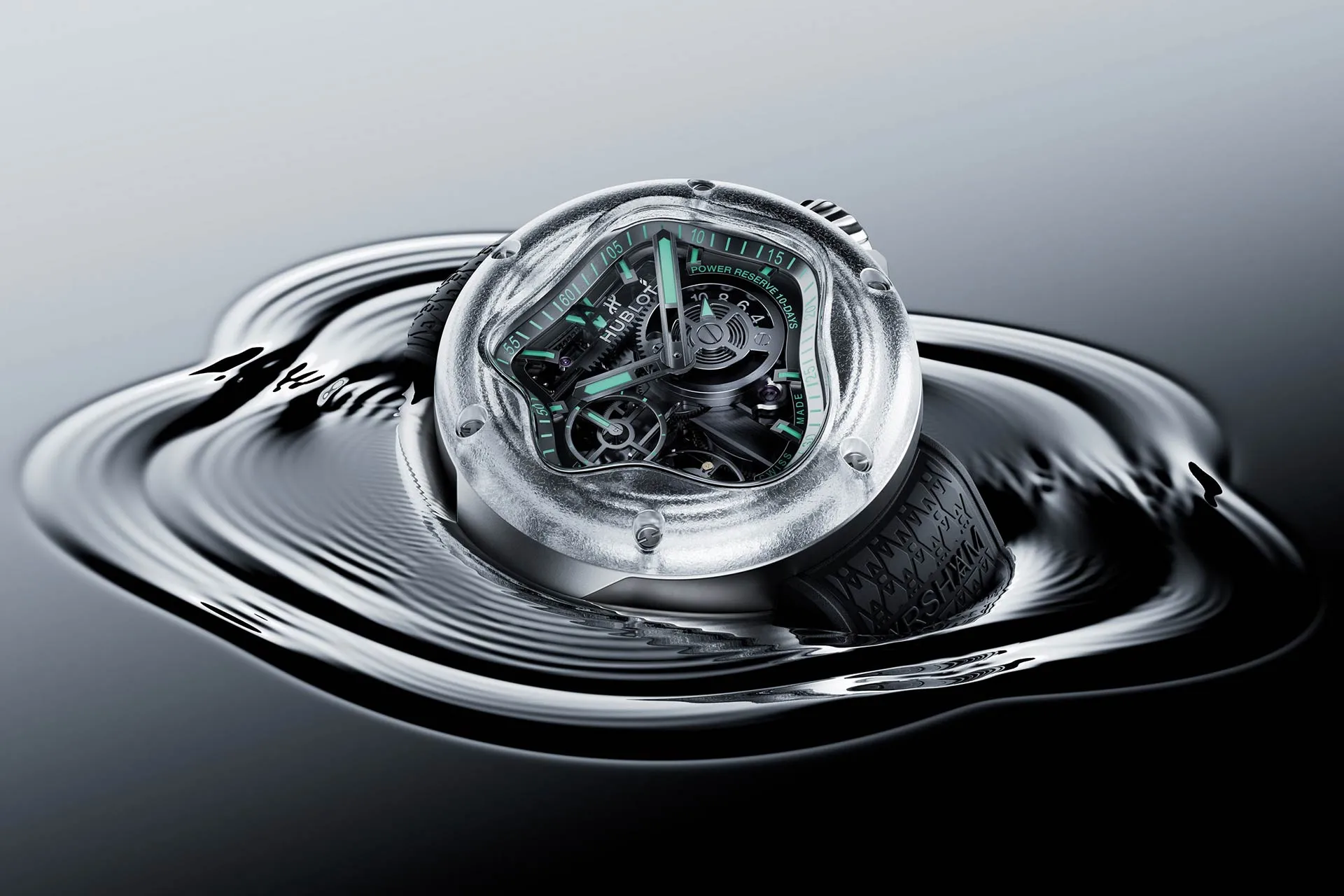 The Hublot MP-17 Meca-10 Arsham Splash Titanium Sapphire is surrounded by water