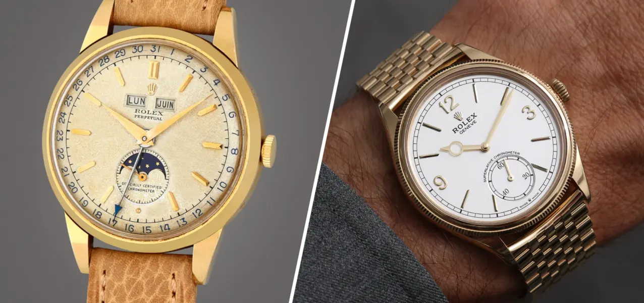 The Rolex Padellone Triple Calendar wristwatch next to the Rolex 1908.