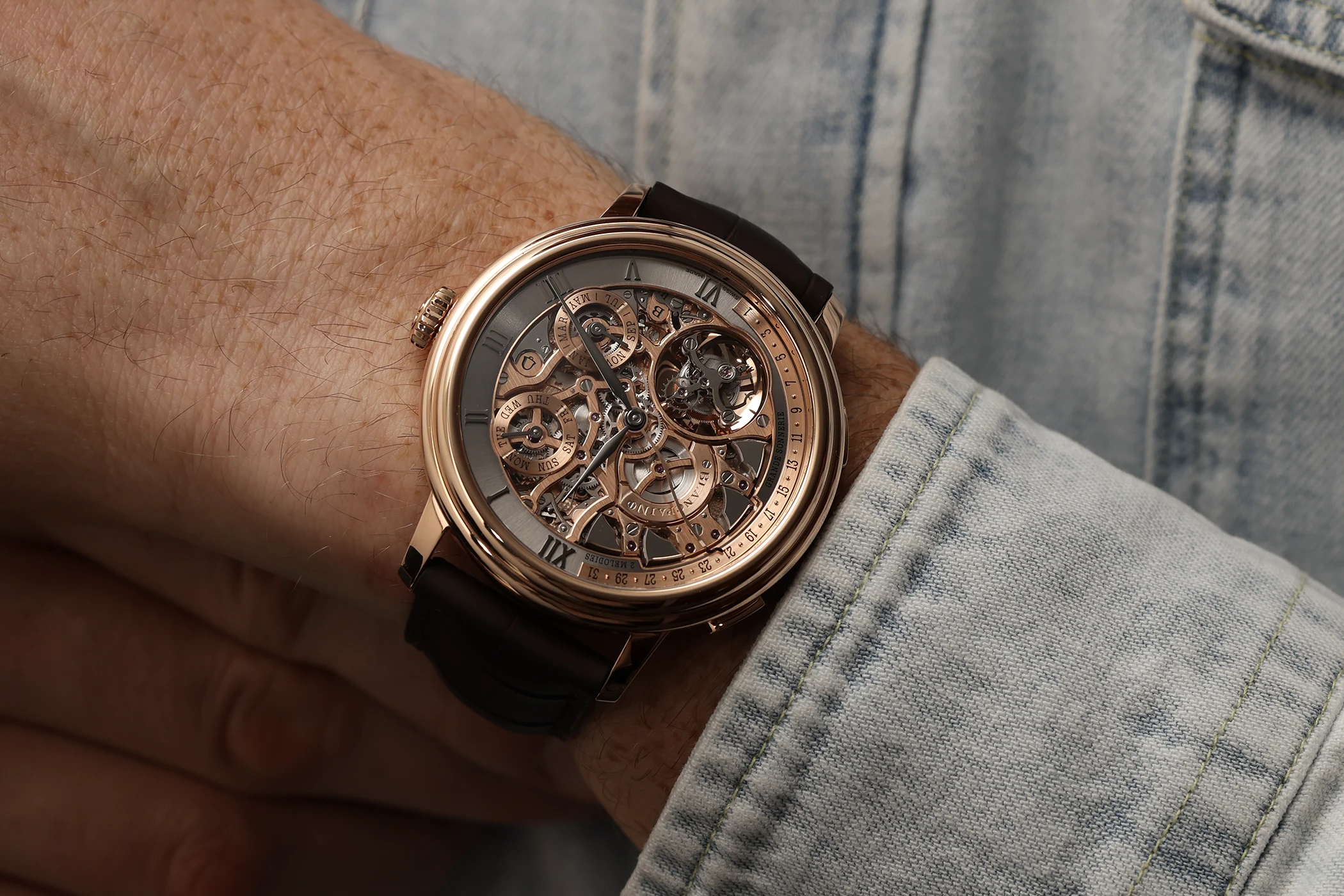 The Blancpain Grande Double Sonnerie Ref. 15GSQ in red gold on the wrist.