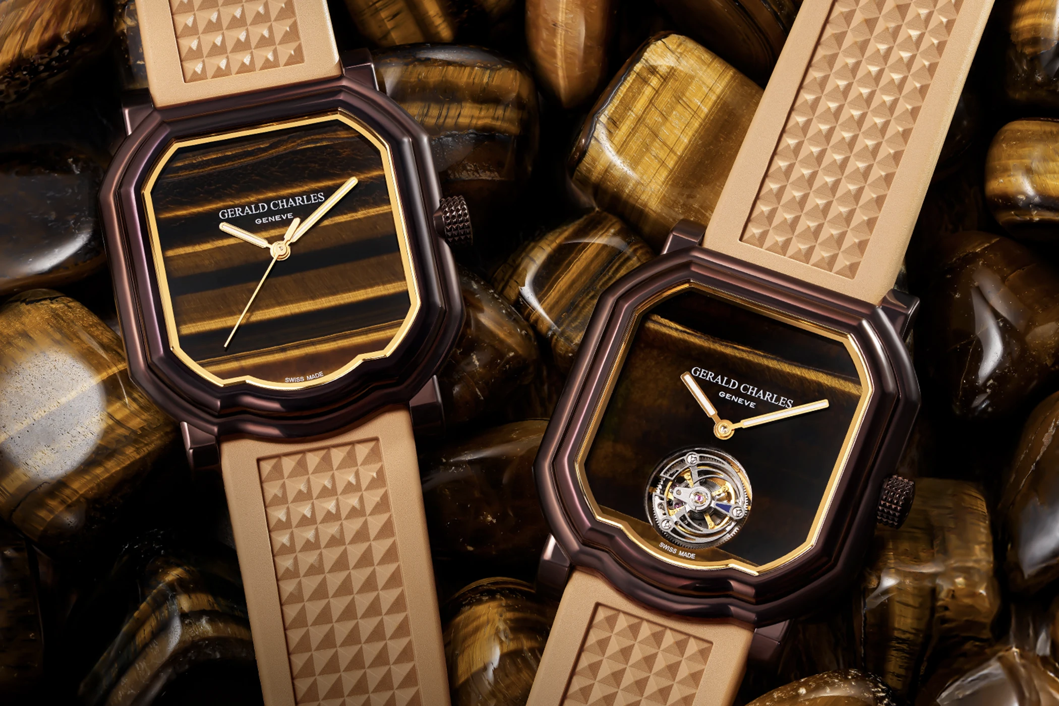 The dials of the Gerald Charles Maestro Tiger’s Eye Limited Edition.