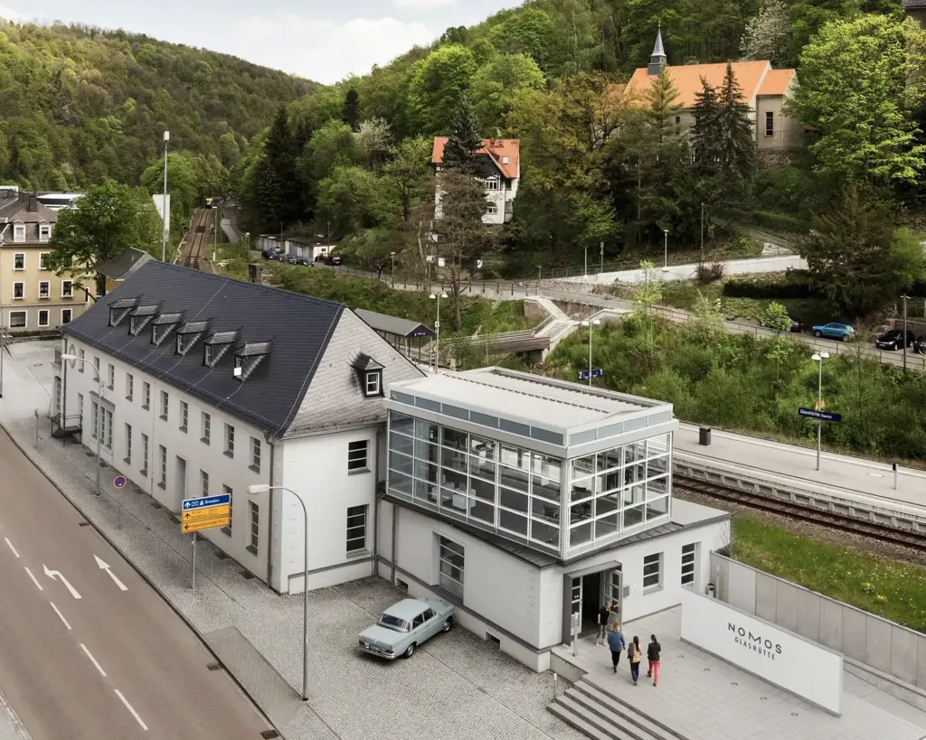 The main Nomos building at the railway station of Glashütte.