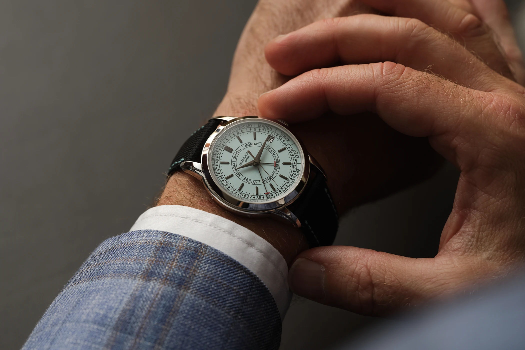 The Patek Philippe and Kutter 1825 Calatrava Weekly Calendar Ref. 5212A-012 on the wrist.