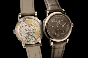 The A. Lange & Söhne Lange 1 Daymatic Honeygold Ref. 320.050 from the front and back.
