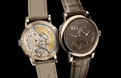 The A. Lange & Söhne Lange 1 Daymatic Honeygold Ref. 320.050 from the front and back.