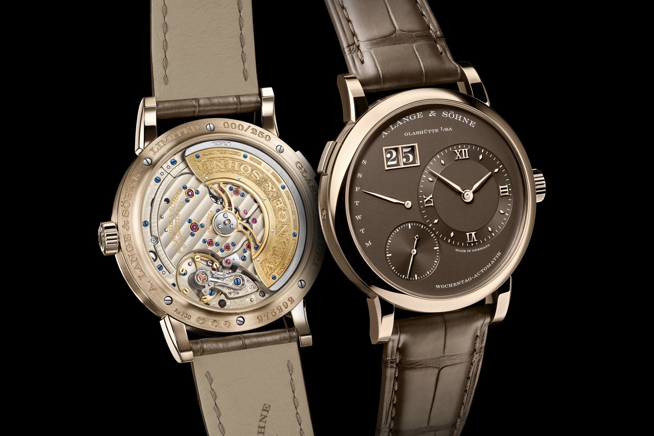 The A. Lange & Söhne Lange 1 Daymatic Honeygold Ref. 320.050 from the front and back.