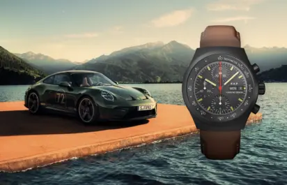 The Porsche Design Chronograph 1 marking 90 years of Ferdinand Alexander Porsche together with a Porsche 911.