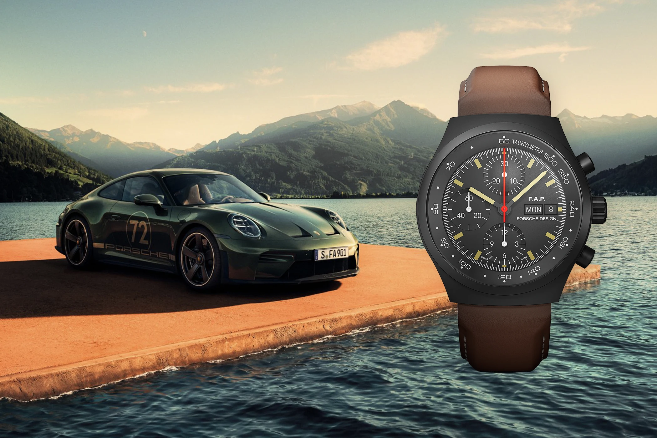 The Porsche Design Chronograph 1 marking 90 years of Ferdinand Alexander Porsche together with a Porsche 911.