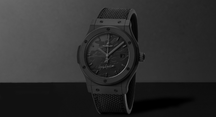 Front view of the Hublot Yohji Yamamoto All Black watch with black case and textured dial.