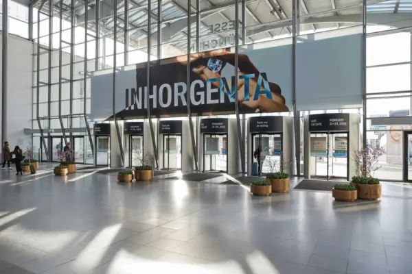 View of the entrance to the Munich Trade Fair Center during Inhorgenta