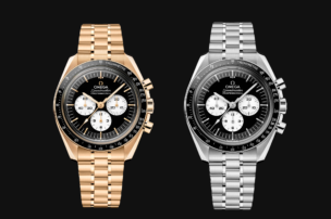Two Omega Speedmaster Professional chronographs side by side, one in yellow gold and one in stainless steel with black dial and tachymeter bezel.