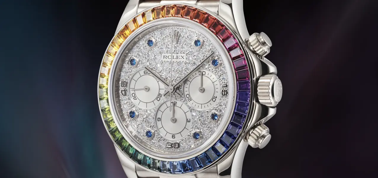 Most expensive Rolex wristwatches: the Cosmograph Daytona Ref 16599SAAEC Rainbow Zenith Daytona.