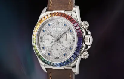 Most expensive Rolex wristwatches: the Cosmograph Daytona Ref 16599SAAEC Rainbow Zenith Daytona.