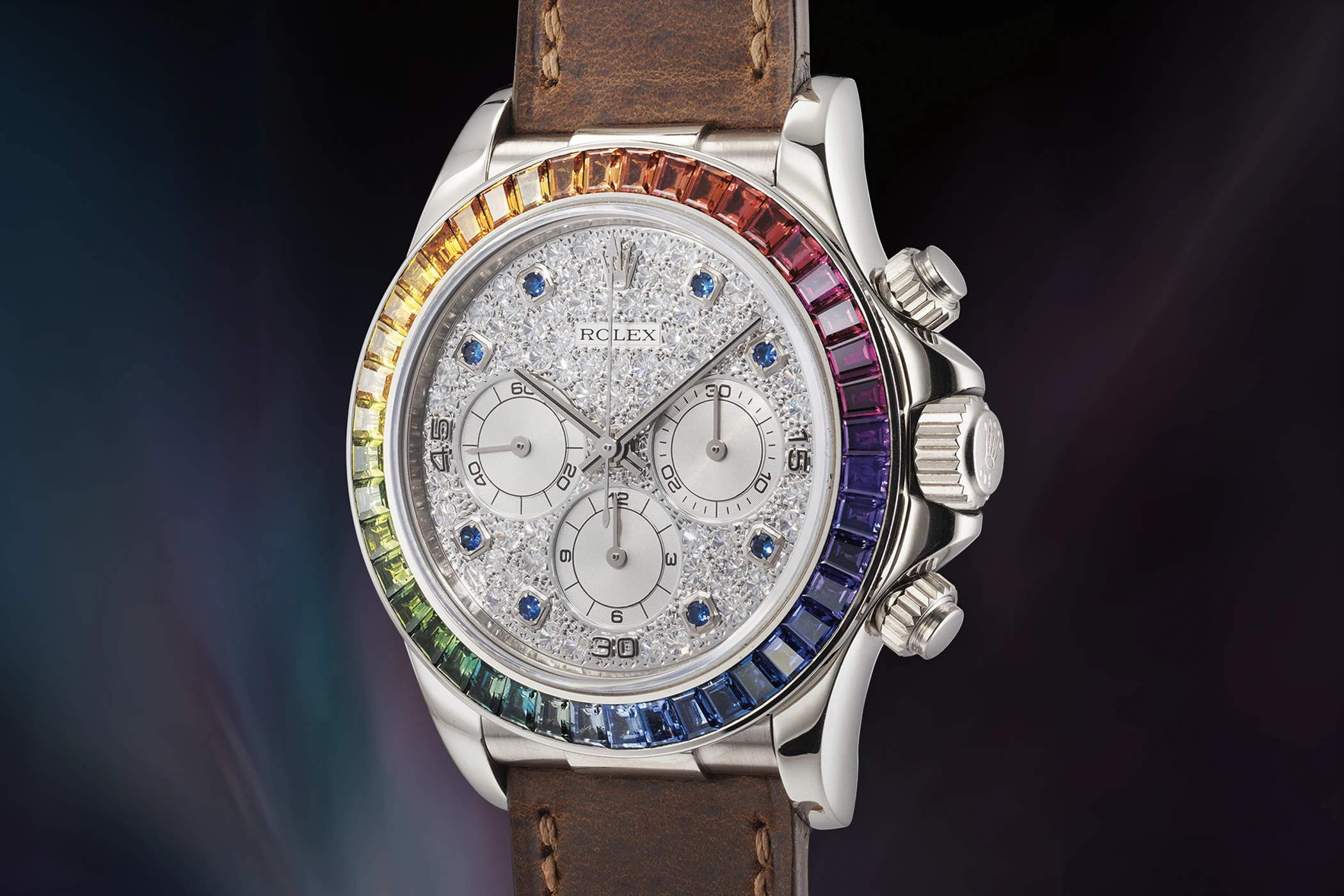 Most expensive Rolex wristwatches: the Cosmograph Daytona Ref 16599SAAEC Rainbow Zenith Daytona.