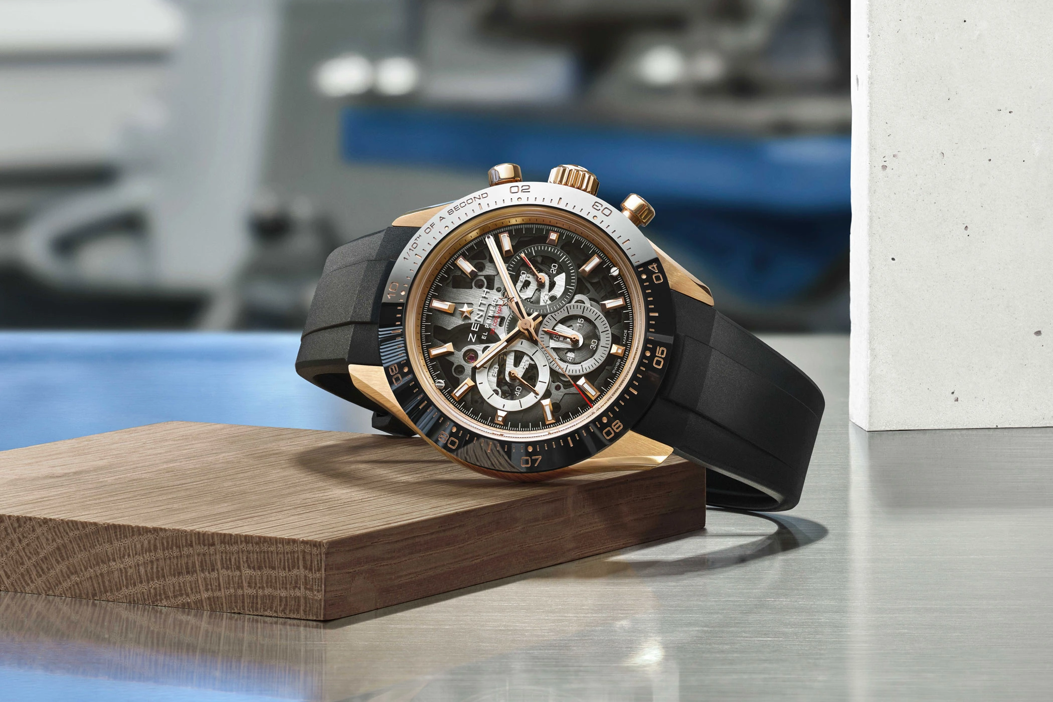 Zenith Chronomaster Sport Skeleton in rose gold with rubber strap, lying on its side