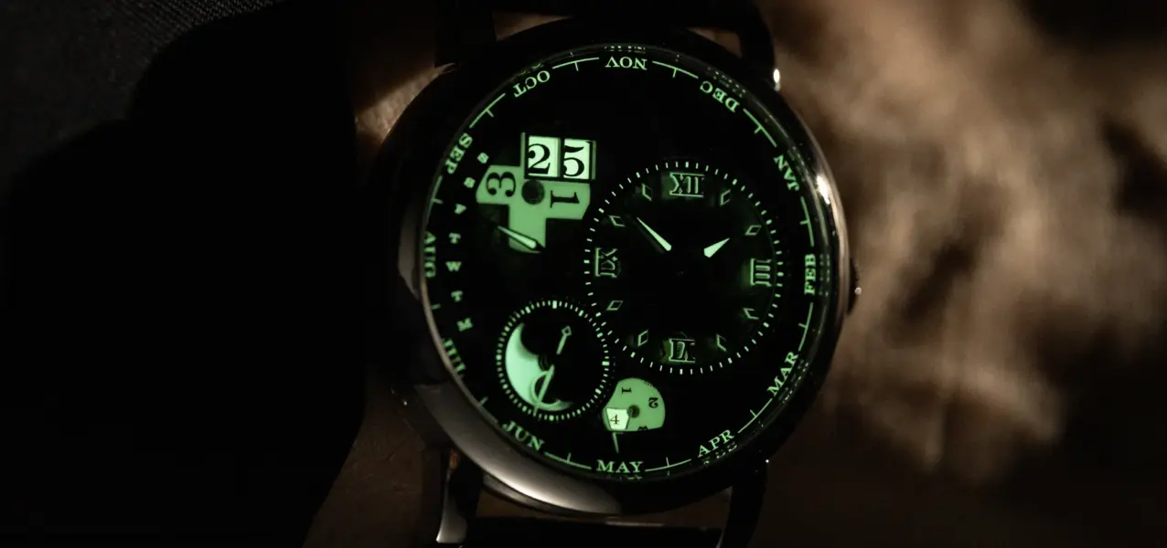 A front view of the A. Lange & Söhne Lange 1 Tourbillon Perpetual Calendar ‘Lumen’ in the dark.
