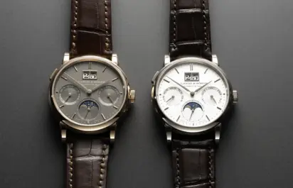This is a front view of the 36-mm ‘Saxonia Annual Calendar’ watches by A. Lange & Söhne, available in white and rose gold.