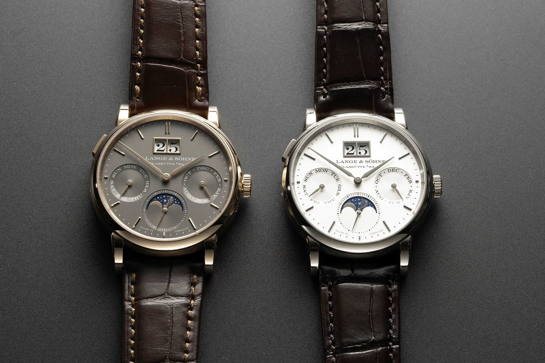 This is a front view of the 36-mm ‘Saxonia Annual Calendar’ watches by A. Lange & Söhne, available in white and rose gold.