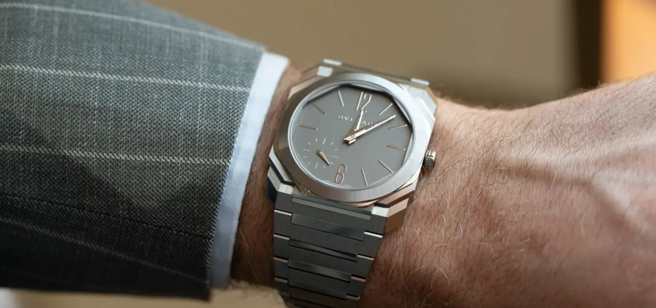 Bulgari Octo Finissimo 37 mm titanium watch, seen on the wrist