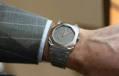 Bulgari Octo Finissimo 37 mm titanium watch, seen on the wrist