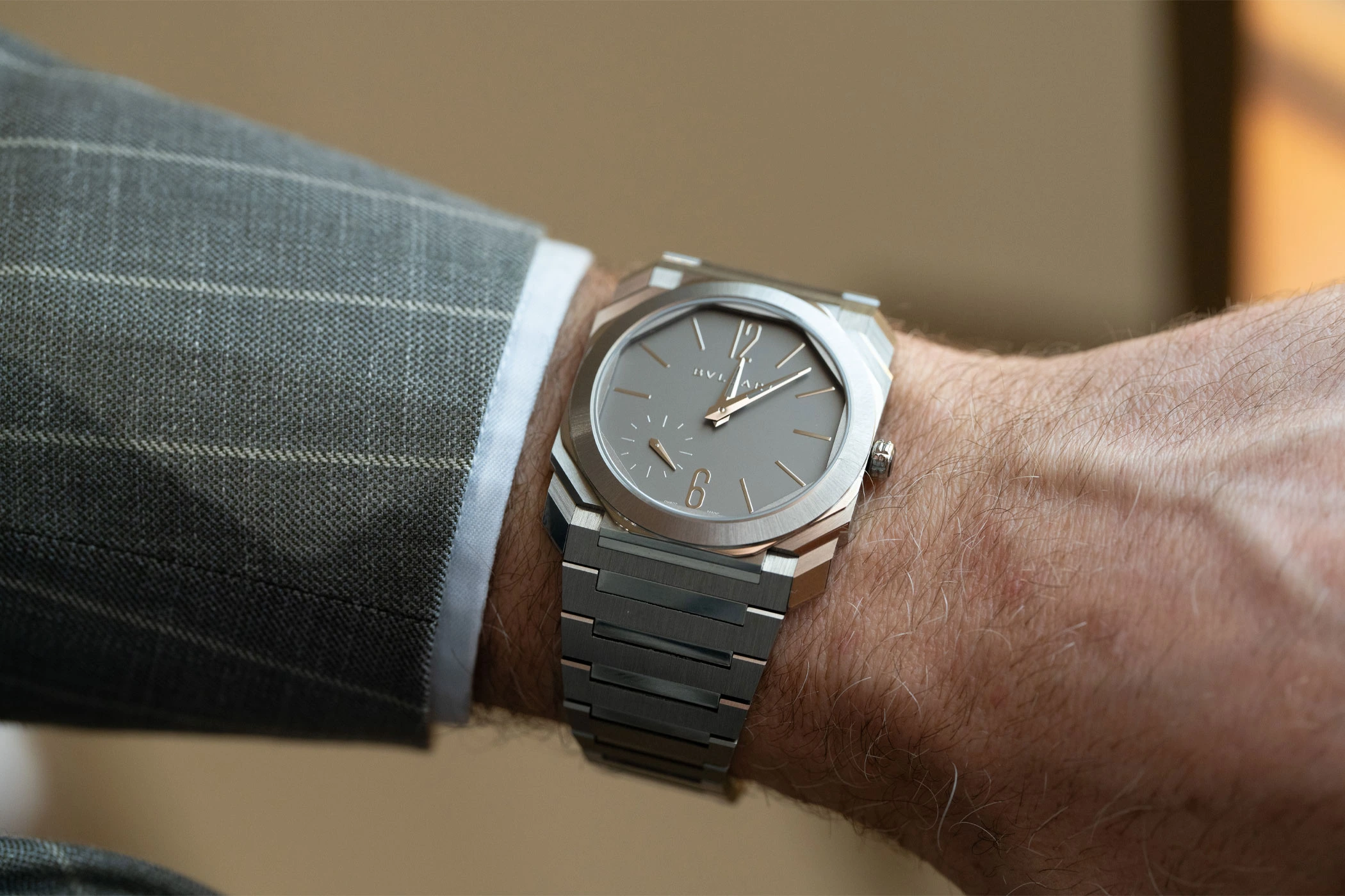 Bulgari Octo Finissimo 37 mm titanium watch, seen on the wrist