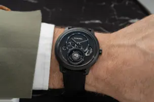 View through the sapphire crystal case back of the Chanel Monsieur Lion Tourbillon Black Edition on the wrist