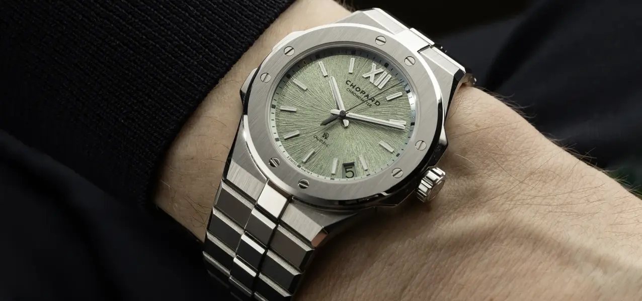 The Chopard Alpine Eagle, featuring an anti-magnetic balance spring, is shown here in a front view on the wrist.