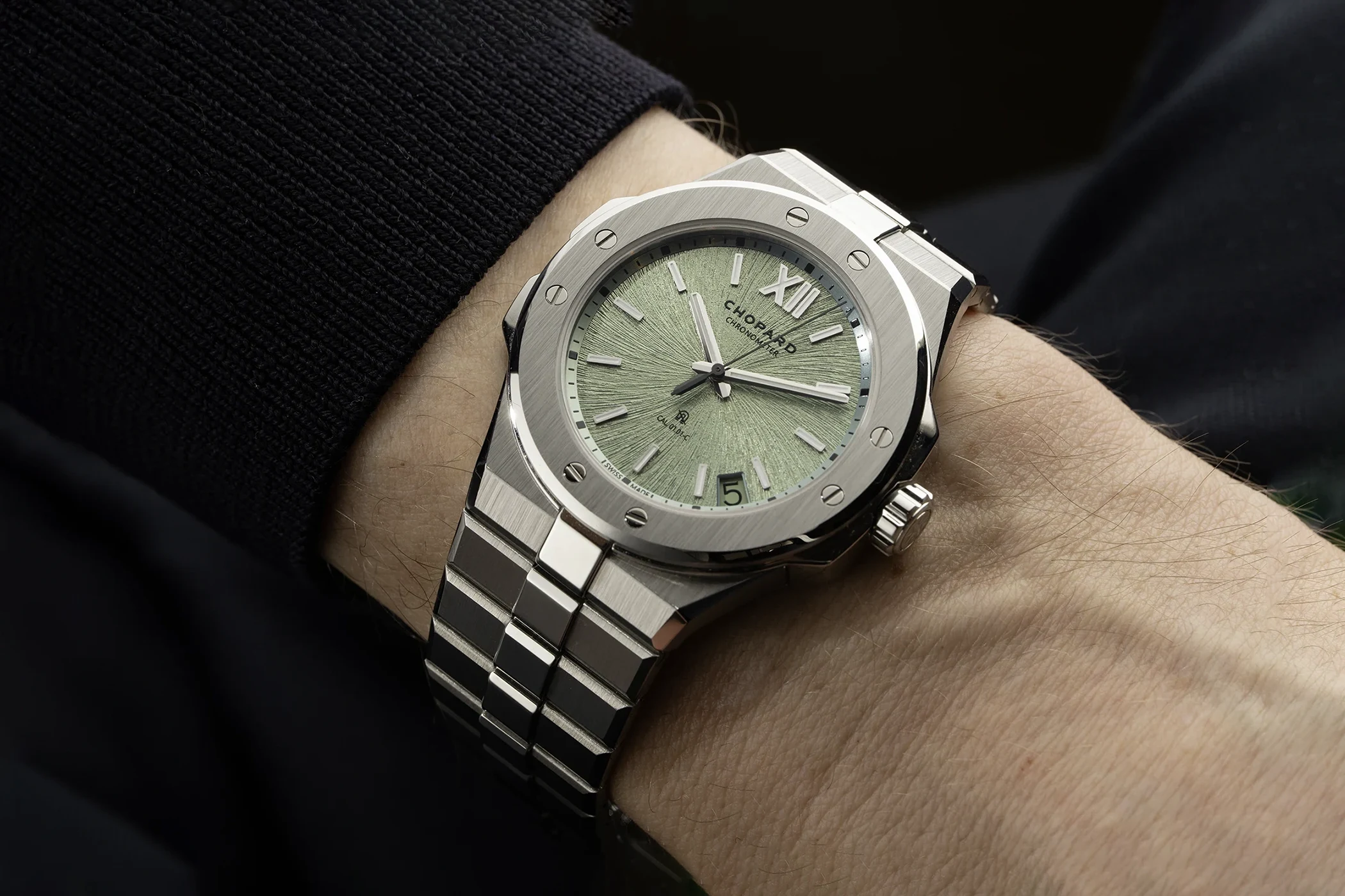 The Chopard Alpine Eagle, featuring an anti-magnetic balance spring, is shown here in a front view on the wrist.