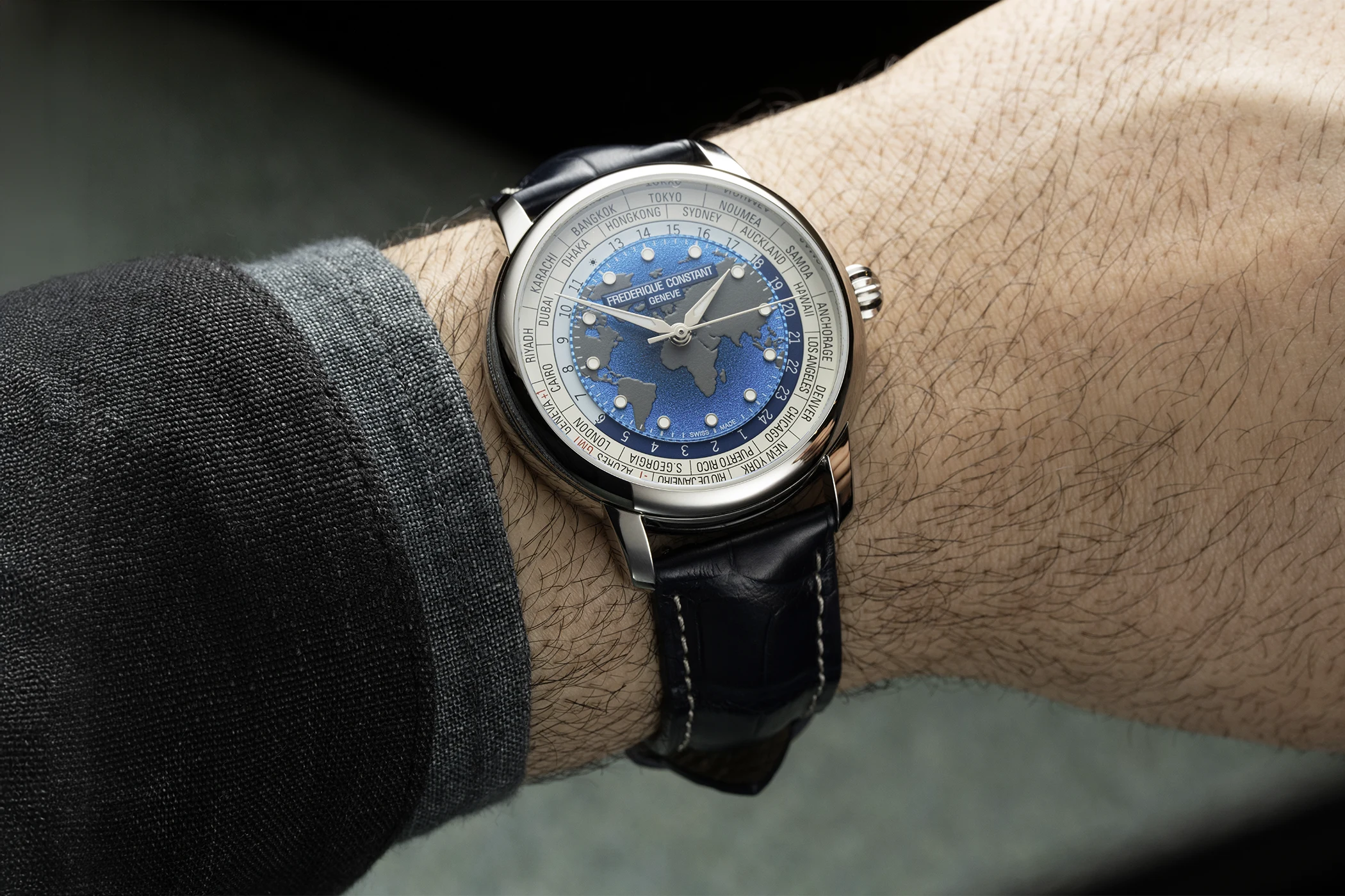 The frederique constant worldtimer on wrist in a front view