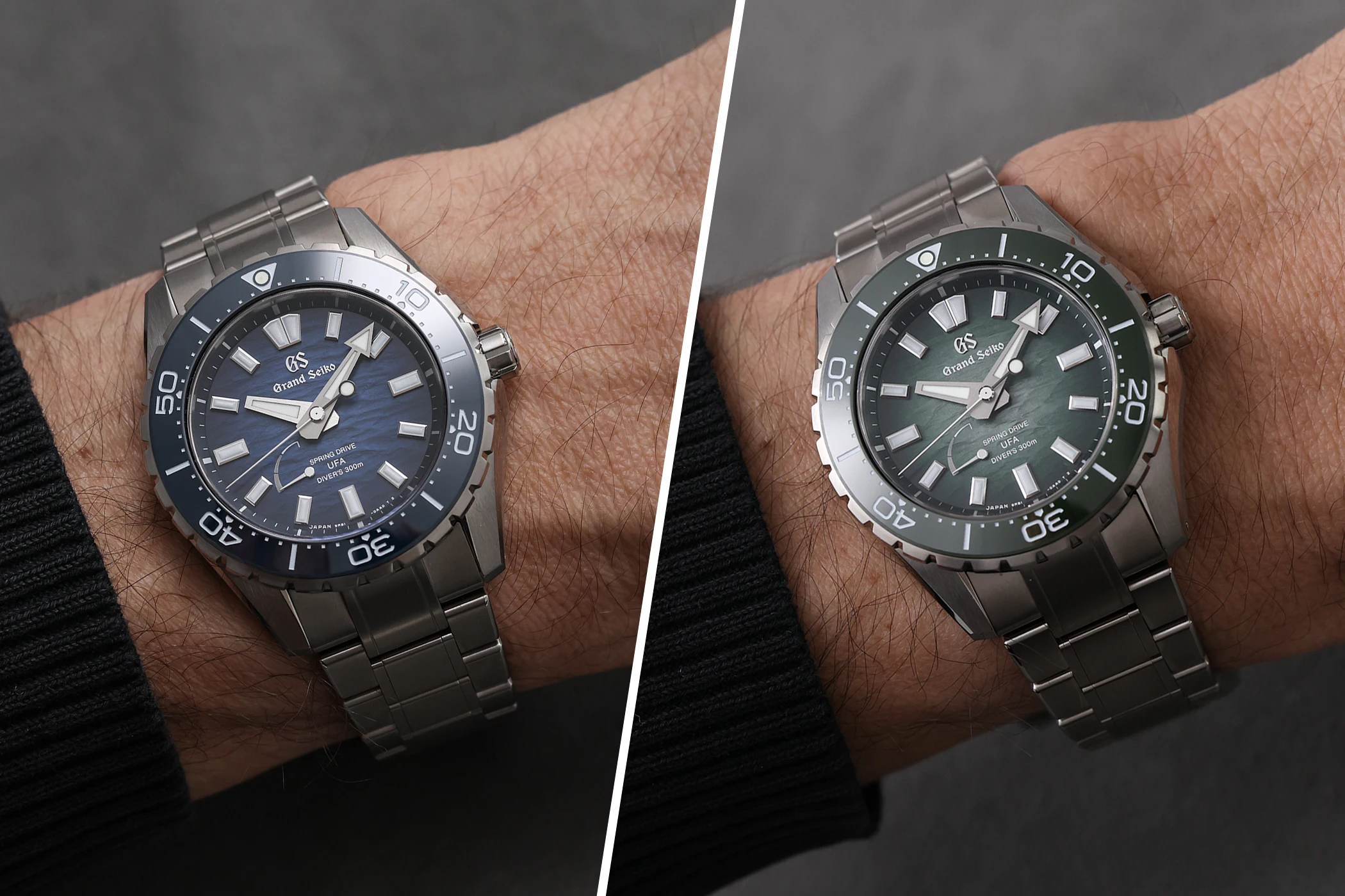 The Grand Seiko Evolution 9 collection Spring Drive U.F.A. Ushio 300 Diver SLGB023 and SLGB025.