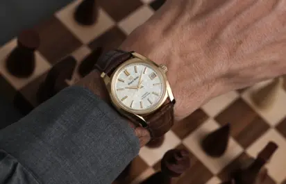 The Grand Seiko Heritage Collection 62GS SBGH376 Sakura Wakaba on the wrist.