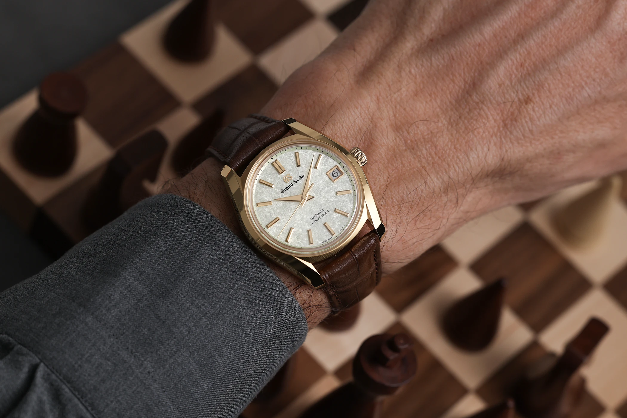 The Grand Seiko Heritage Collection 62GS SBGH376 Sakura Wakaba on the wrist.