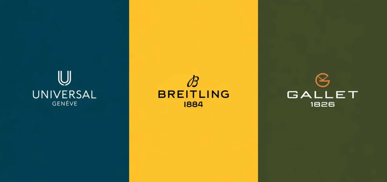 Logo House of Brands (drei Streifen): Universal Genève (blau), Breitling (gelb), Gallet (grün)