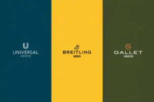 Logo House of Brands (drei Streifen): Universal Genève (blau), Breitling (gelb), Gallet (grün)