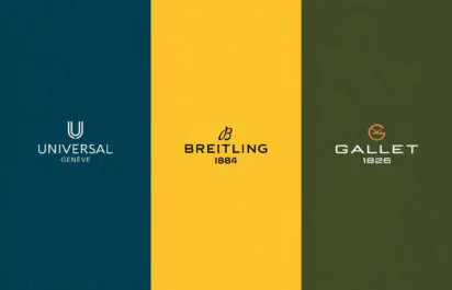 Logo House of Brands (three stripes): Universal Genève (blue), Breitling (yellow), Gallet (green)