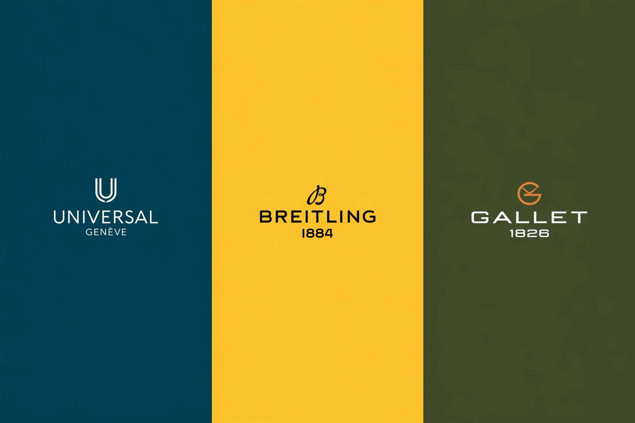 Logo House of Brands (three stripes): Universal Genève (blue), Breitling (yellow), Gallet (green)