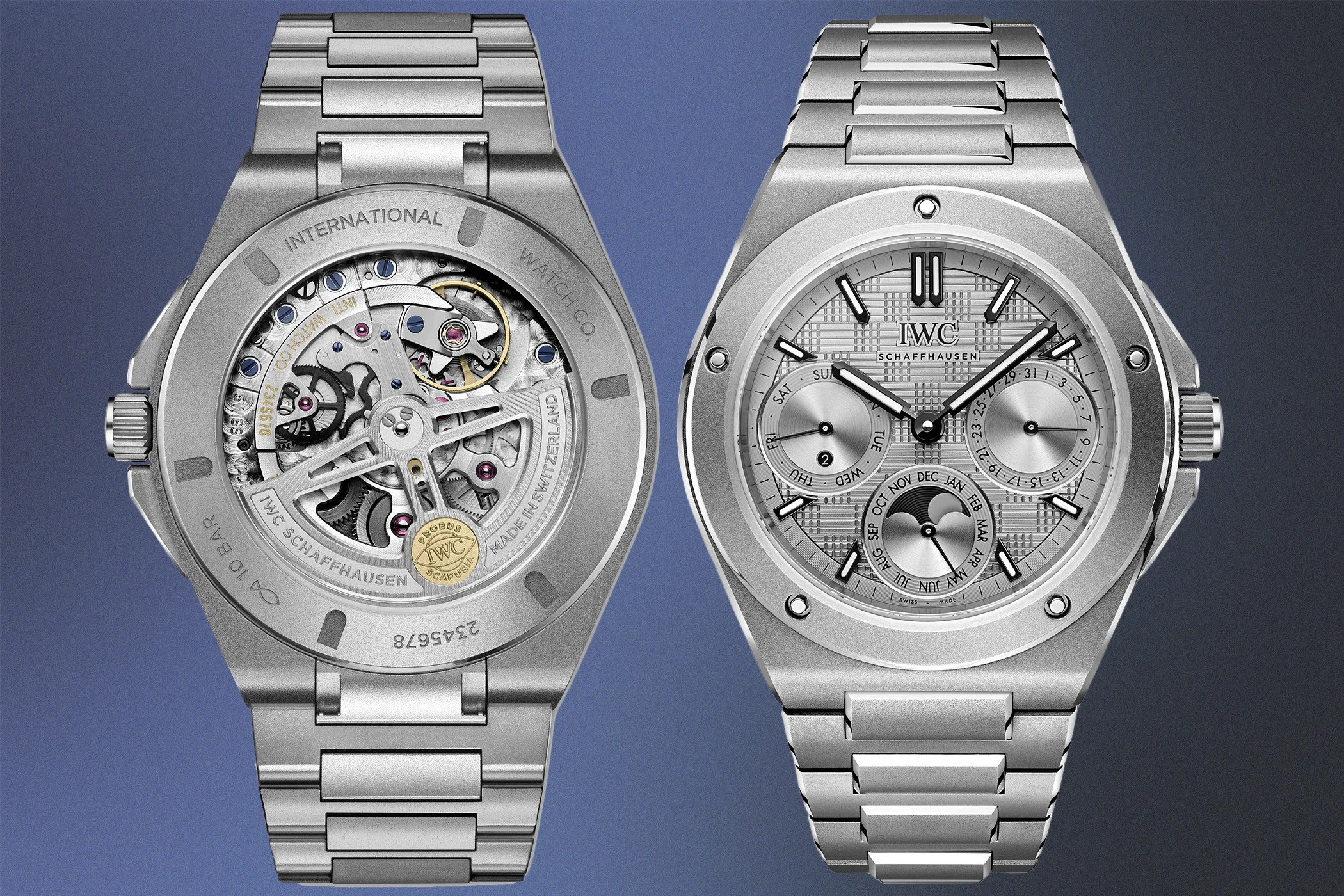 The IWC Ingenieur IW344904 is shown from the front and back.