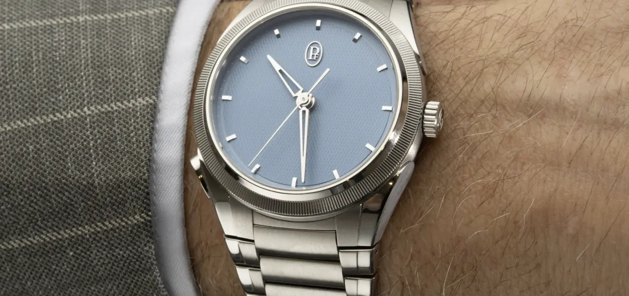 The Parmigiani Fleurier Tonda PF Chronographe Mystérieux can be seen on the wrist from the front.