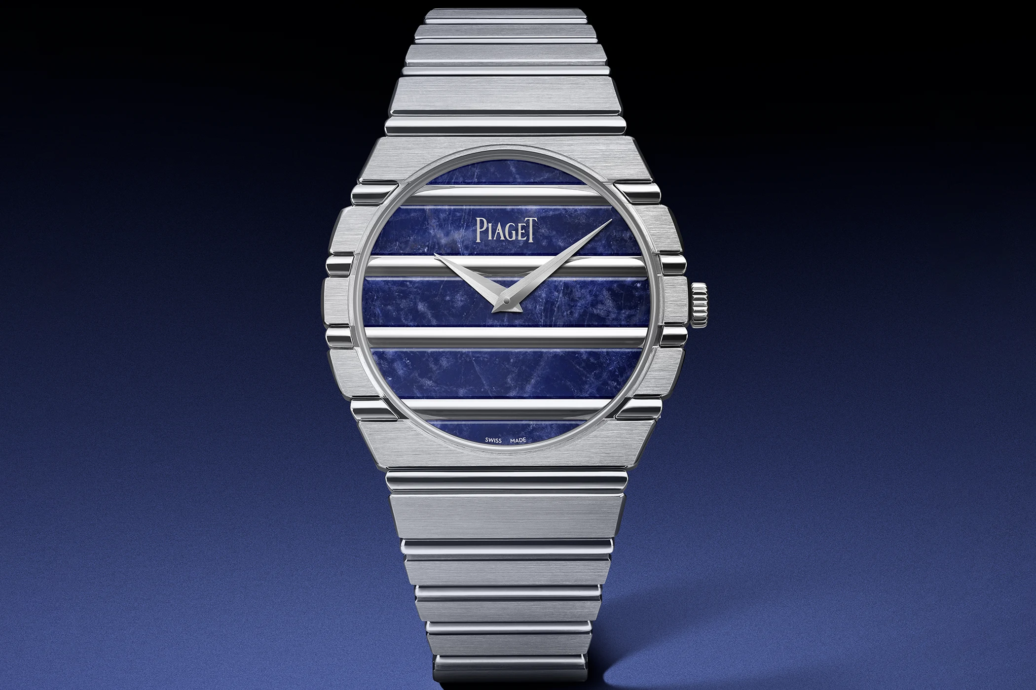 The Piaget Polo 79 Sodalite is shown from the front.