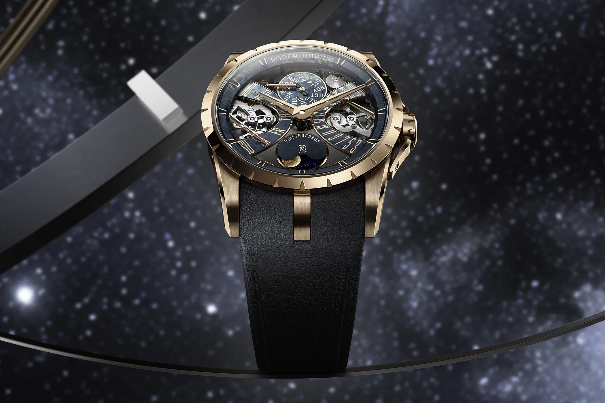 The Roger Dubuis Excalibur Biretrograde Perpetual Calendar is shown from the front.