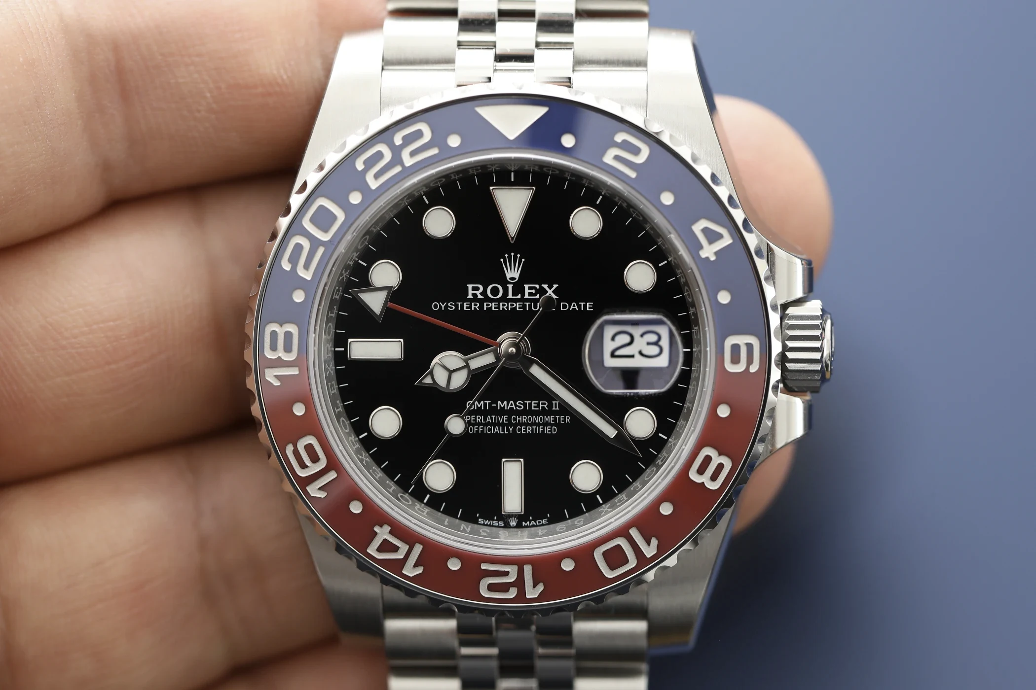 A close-up of the Rolex ref. 126710BLRO