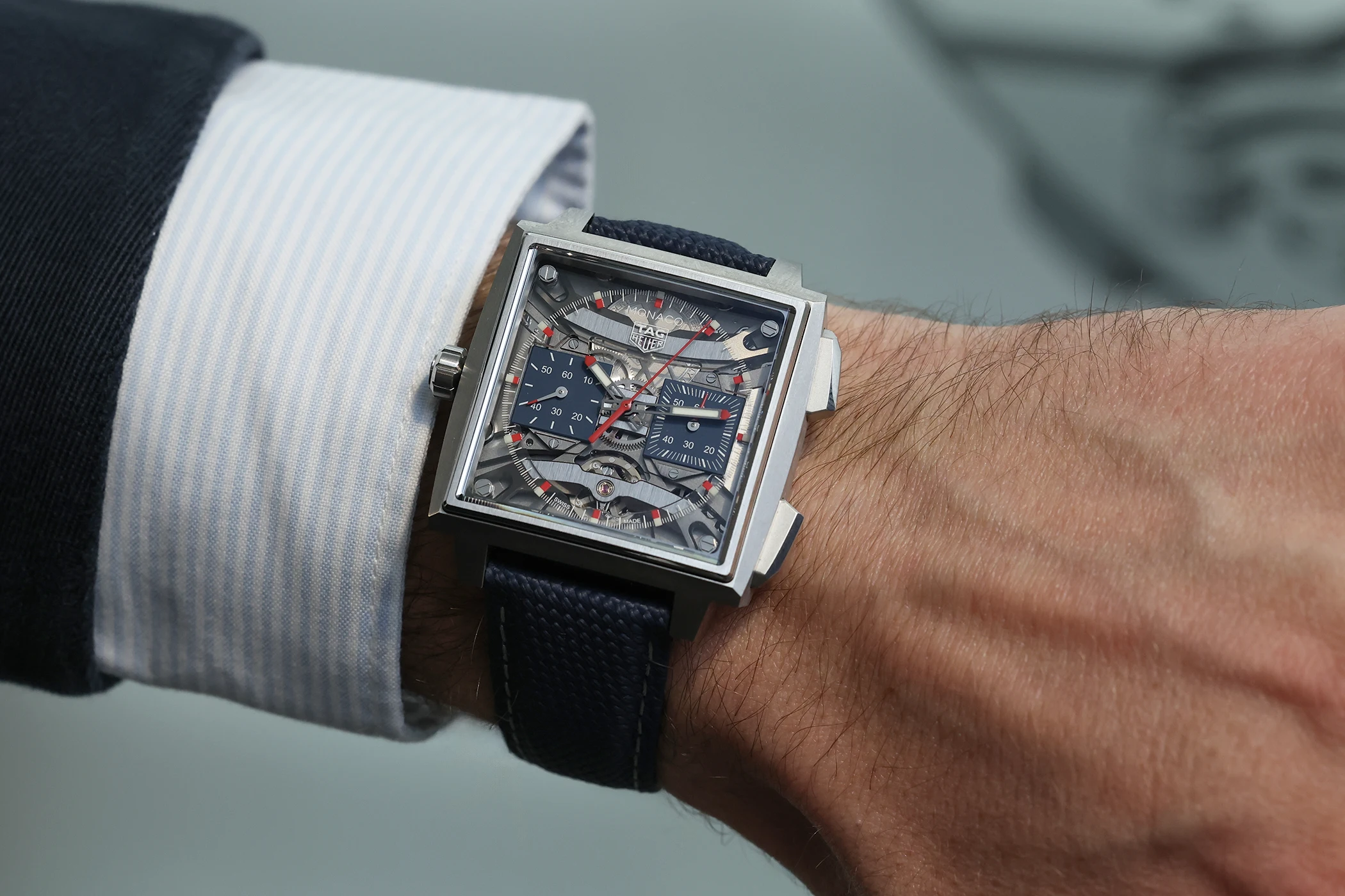The TAG Heuer Monaco Evergraph 40mm Ref. CEW5181.FT8123 on the wrist.