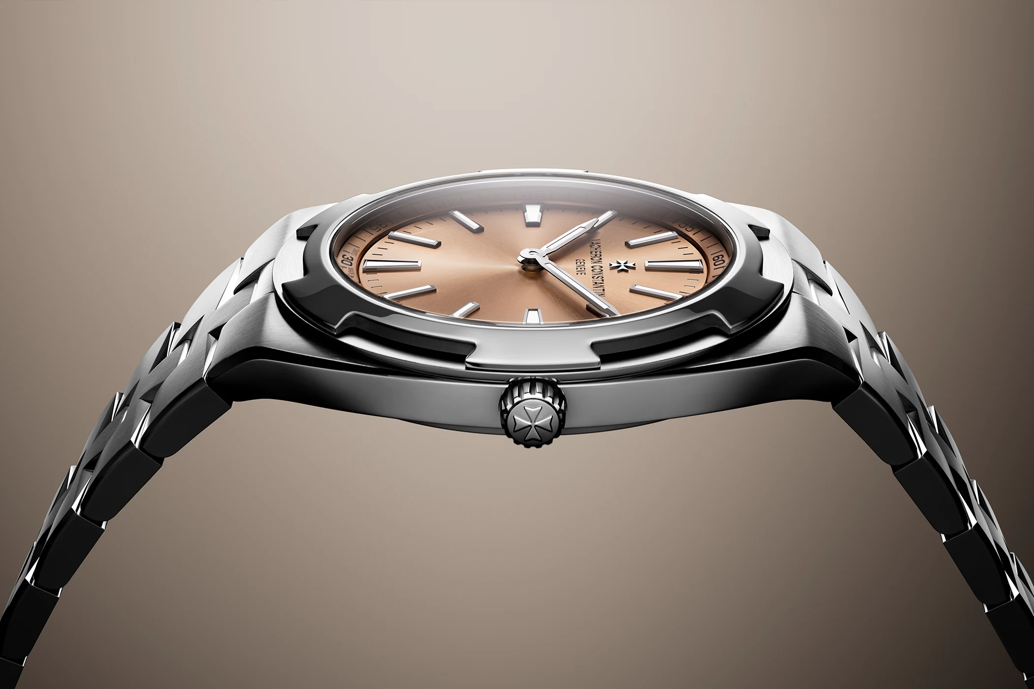 The Vacheron Constantin Overseas Automatic Ultrathin, featuring the Calibre 2550, is shown here in a horizontal side view.