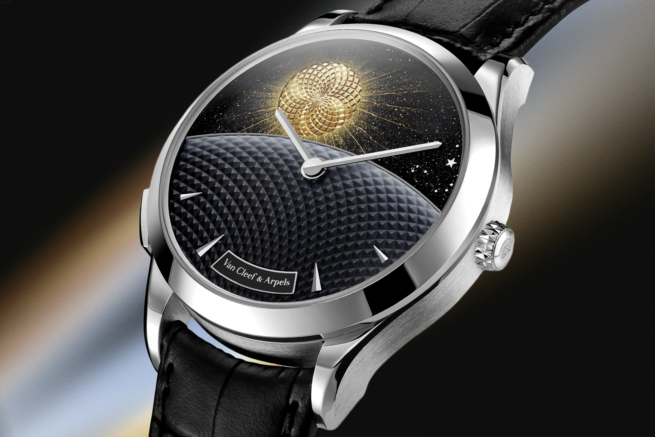 A diagonal front view of the Van Cleef & Arpels Midnight Jour Nuit Phase de Lune.
