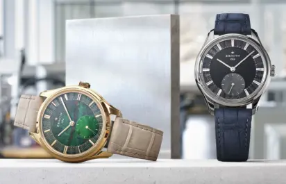 Die Frontansicht der Zenith G.F.J. in Gelbgold mit Blutstein sowie in Tantal mit Onyx.