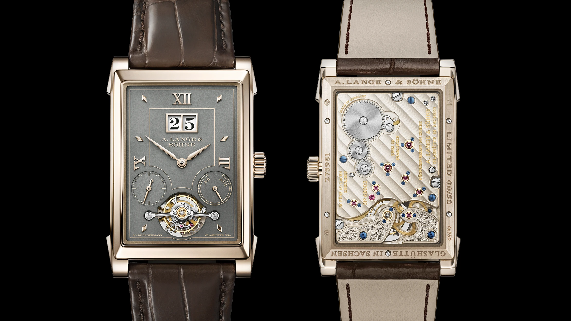 The front and back of the A. Lange & Söhne Cabaret Tourbillon Honeygold reference 703.050.
